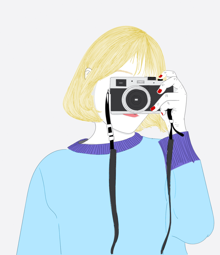 illustration d'une jeune femme tenant un appareil photo devant ses yeux
