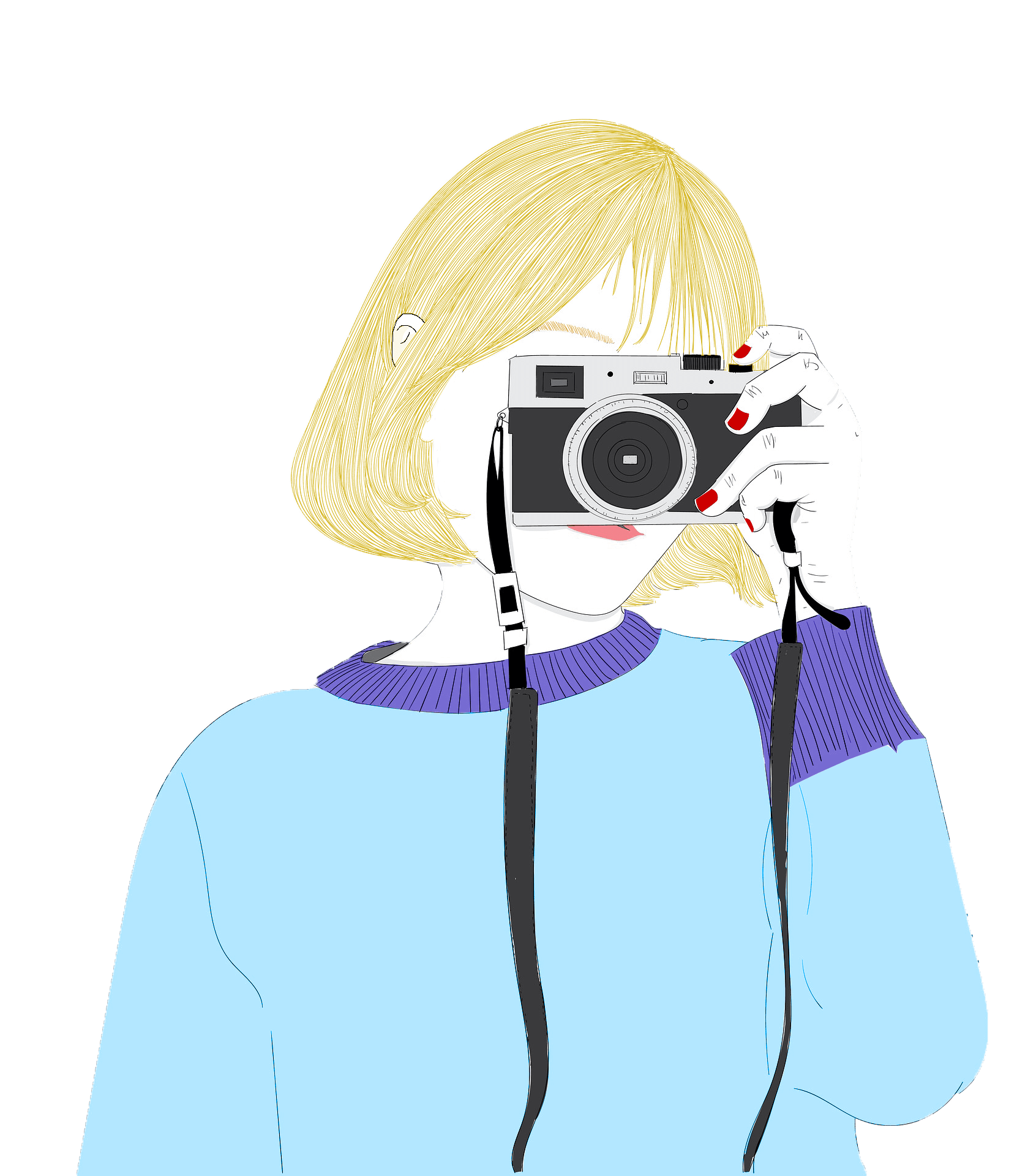 dessin d'une femme blonde tenant un appareil photo
