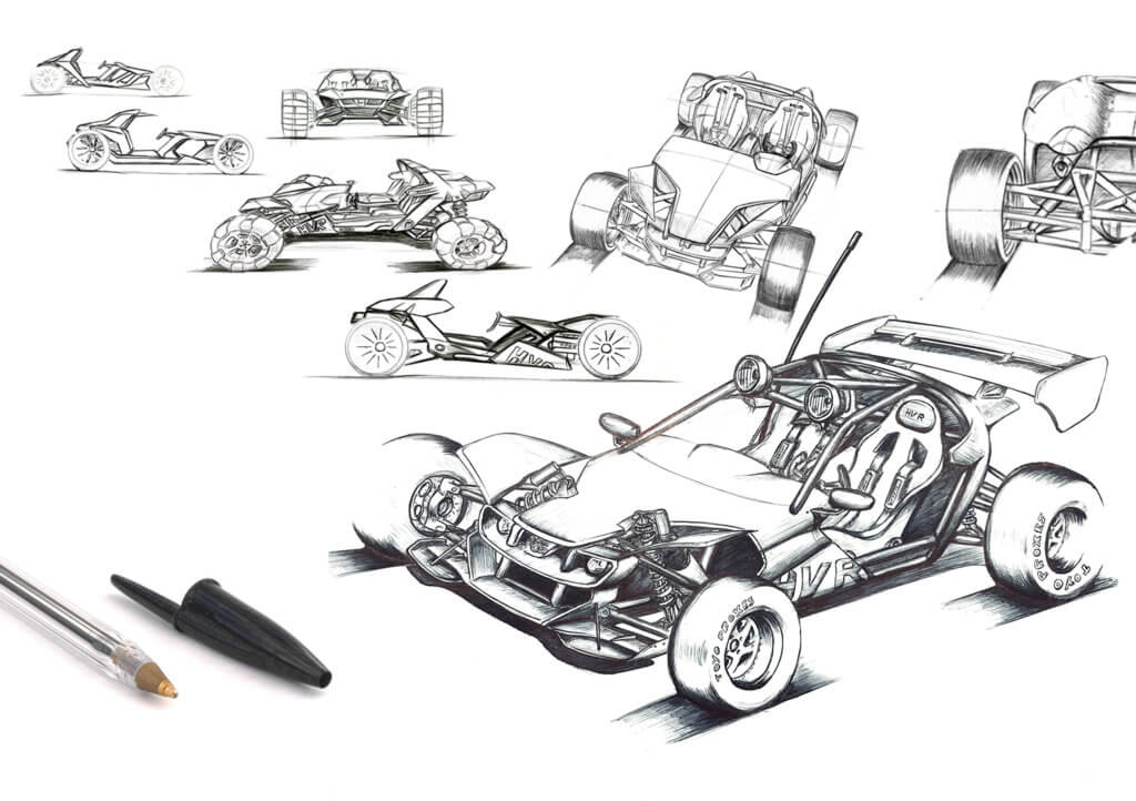 croquis d'un buggy vue sur plusieurs faces