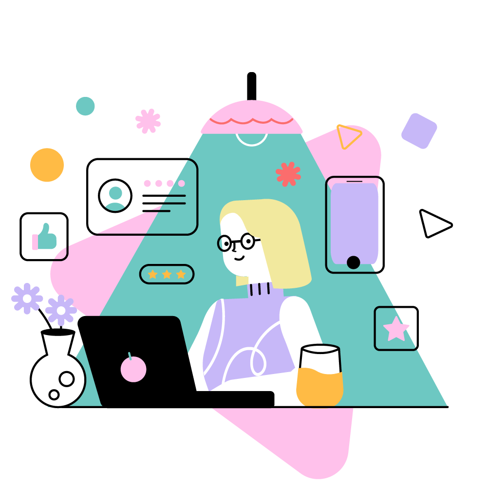 illustration en couleur d'une jeune femme blonde travaillant devant son ordinateur